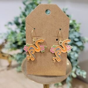 New 18k Gold Plated Cute Whimsical Floral Snake Enamel Earrings Quirky Gift